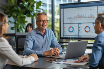 Obraz premium Businessmen sit in a meeting and analyze profits with graphs displayed on a screen in the office.