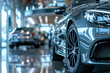 Luxury car parked in modern showroom. Auto leasing business. Car dealership concept. Closeup wheel of red shiny car show in showroom. Automotive industry. - obrazy, fototapety, plakaty