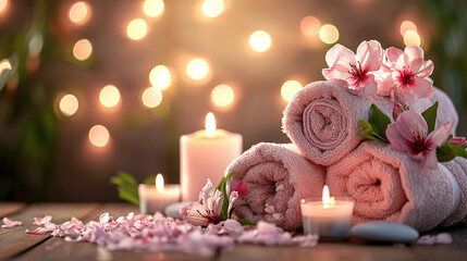 Spa still life with aromatic candles, flower and towel. 
Spa setting - obrazy, fototapety, plakaty