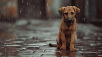 stray homeless dog sad abandoned hungry puppy sitting alone in the street under rain dirty wet lost dog outdoors pets adoption shelter rescue help for pets - obrazy, fototapety, plakaty