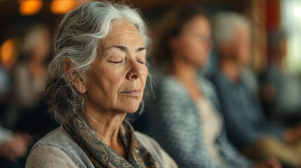 Portrait of mature woman practicing meditation in group. Generative AI - 768007978