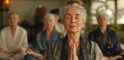 Portrait of mature woman practicing meditation on yoga class in group. Generative AI - 768007980