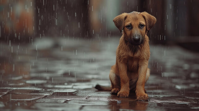 stray homeless dog sad abandoned hungry puppy sitting alone in the street under rain dirty wet lost dog outdoors pets adoption shelter rescue help for pets