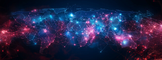 Abstract digital world map, concept of global network and connectivity, data transfer and cyber technology