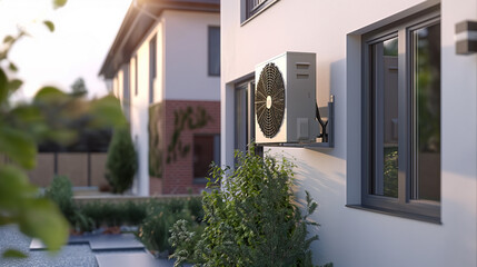 air source heat pump unit installed outdoors at a modern home