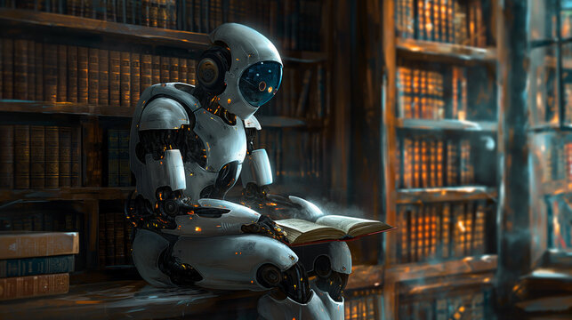 The android sits alone in a dimly lit room, pondering his existence, surrounded by books on philosophy and technology