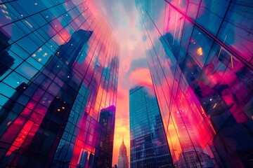The realism of titanium skyscrapers reflecting the colors of the sunset - obrazy, fototapety, plakaty