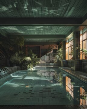 A indoor minimalist dark climatized pool with black walls and some palms and trees, the light comes through the window