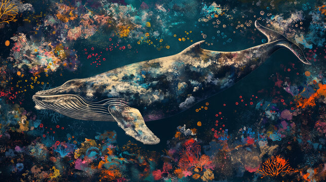 The watercolor of the blue whale under the sea