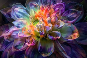A fantasy bloom of radiant colors twists through dimensions its large round petals shimmering in a dance of light and shadow.