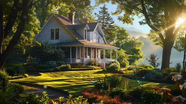 House scene with garden, animation video looping motion	