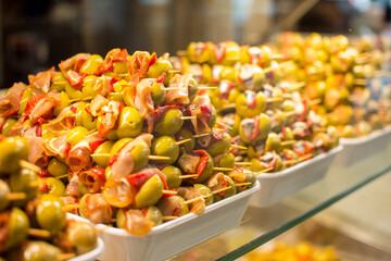 a display of various olives mixed with different taste ingredients