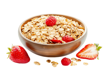 Bowl of muesli with fresh strawberries and blueberries for a healthy breakfast