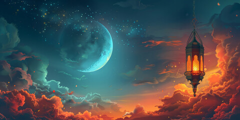Eid mubarak and ramadan kareem greetings with an islamic lantern and moon on clouds sky background,