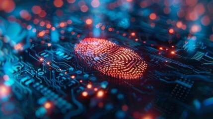 futuristic digital processing of biometric fingerprint scanner. concept of surveillance and security scanning of digital programs and fingerprint biometrics. cyber futuristic applications, future.