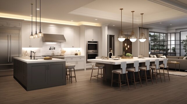 Open concept chef's kitchen with massive island, high-end appliances, and breakfast nook