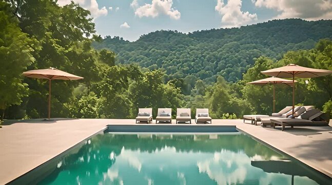 
Nestled atop a serene hill, the pool offers a breathtaking panoramic view of the surrounding landscape. Crystal-clear water shimmers under the sun, inviting guests to immerse themselves in its refres