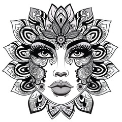 Vector illustration of a zentangle woman's face on white separate background