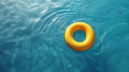 Photo of yellow swimming circle or donat lying in the pool. Summer vacation and rest concept - obrazy, fototapety, plakaty