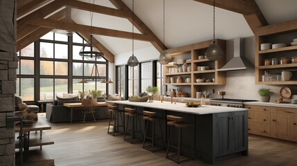 Fototapeta premium Open concept rustic modern kitchen with soaring wood beam cathedral ceilings