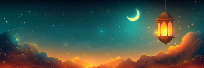 Eid mubarak and ramadan kareem greetings with an islamic lantern and moon on clouds sky background,