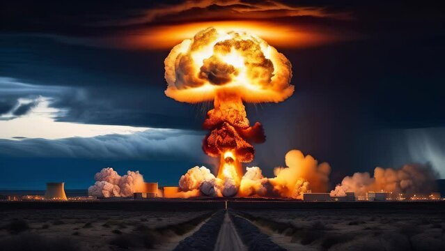 Huge nuclear bomb explosion with a mushroom cloud, weapon of mass destruction. Retro style. The road leading to nuclear war