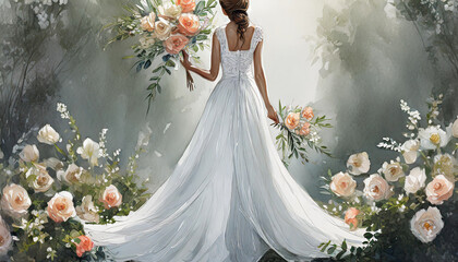 illustration d'une femme de dos  portant une de mariée de couleur blanche avec de chaque côté des fleurs blanche et rose sur un fond noir et gris en dégradé - obrazy, fototapety, plakaty