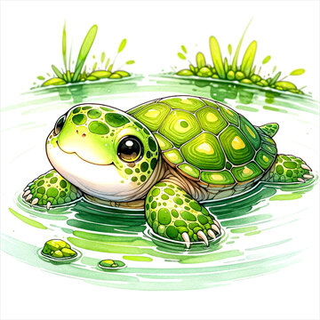 An illustration of Musk turtle floating in a pond, rendered in watercolor style.