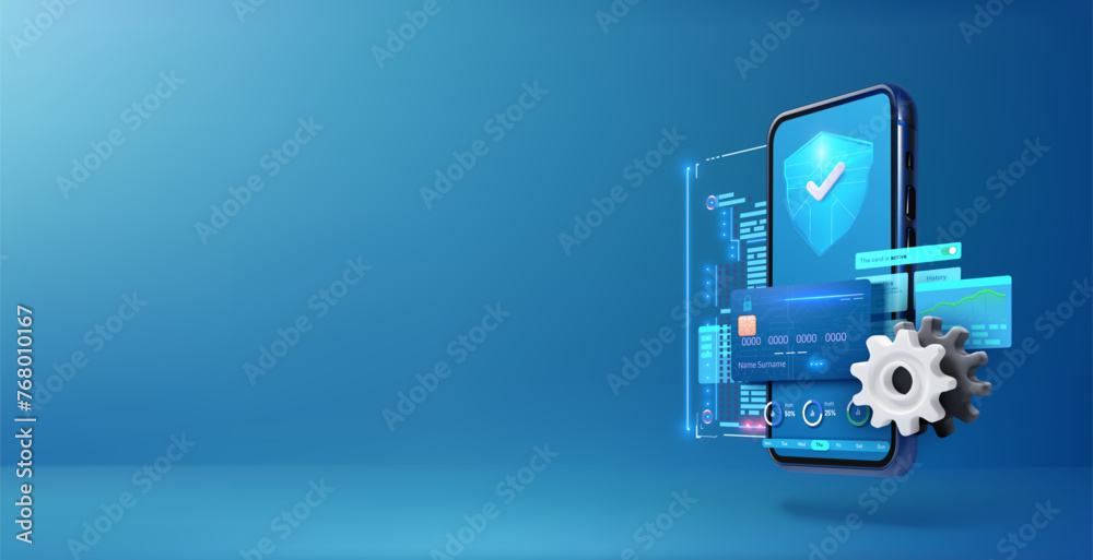 Poster Online banking protection, The concept of smart wallet with an application for payment by credit and debit cards. Smartphone with a shield icon, representing digital security and secure mobile.