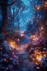 Create a dazzling 3D visualization of an enchanting magical forest at dusk featuring glowing flora and sparkling fairy dust floating around.