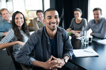 Employees, interview and portrait with office, meeting and discussion for work conference. People,...