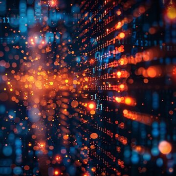 A blurry bokeh lights background with detailed software code overlaid on top