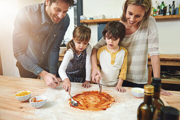 Parents, kids and happy for cooking pizza with sauce, learning and helping hand for development in...