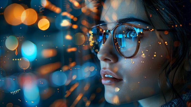 A creative depiction of a woman wearing spectacles, gazing at a virtual realm, representing her relationship with the digital age