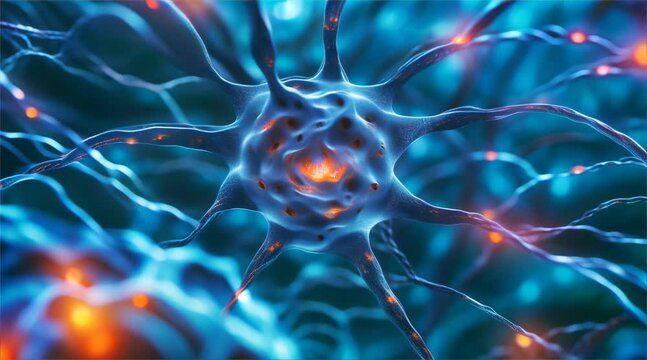 Digitally illustrated neuron cells with active synapse signals in a neural network, highlighting brain activity.
