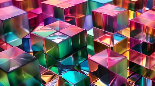 Digital rendering of 3D cubes with reflective surfaces in vibrant, multicolored hues creating a visually captivating pattern.
