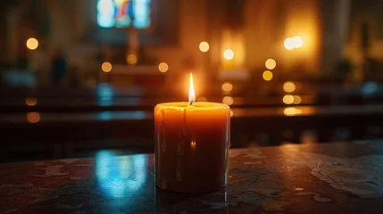 Foto op Plexiglas A picture capturing the serene atmosphere of Holy Saturday showing a crucifix illuminated by the gentle flame of a candle representing anticipation for the coming brightness. © tonstock