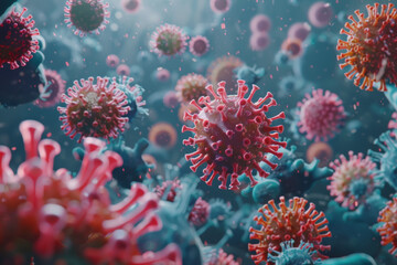 Bacteria virus, microbe Bacteria virus or germs microorganism cells under a microscope. AI Generator