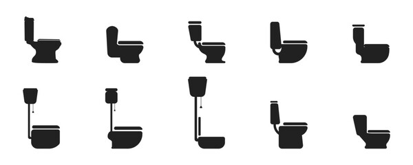 Lavatory bowl black icon vector set. Toilet logo simple color. Simple stylish linear toilet. Furniture for the vector bathroom room. Symbol toilet bowl. Vector illustration. - obrazy, fototapety, plakaty