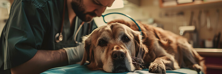 Veterinary clinic A male veterinarian treating a dog, - obrazy, fototapety, plakaty