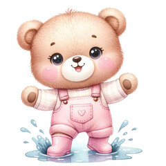 Watercolor Teddy Bear Splashing in Water Puddle Clipart