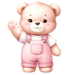 Watercolor Pink Teddy Bear Standing and Waving Hand Clipart with Transparent Background
