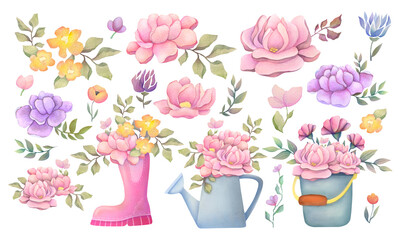 watercolor wedding clipart set with flower arrangement. huge collection of spring or summer botany stickers. beautiful border frame elements on transparent background