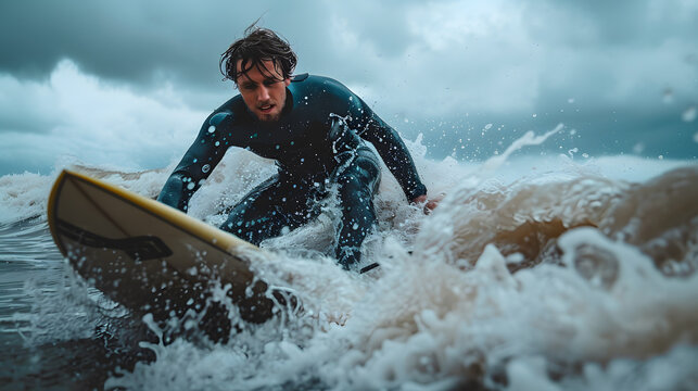 Man surfing the waves in a surf suit