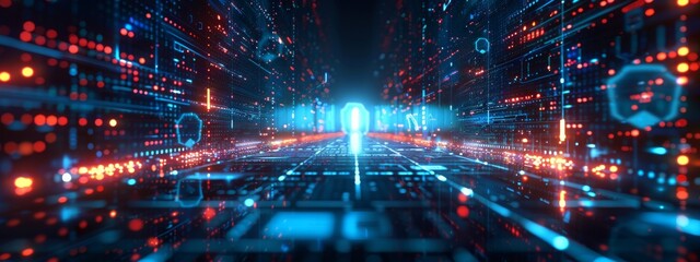 Obraz premium Depict a vibrant data stream flowing through a secure channel, guarded by dynamic shields that adjust to emerging threats, emphasizing continuous protection