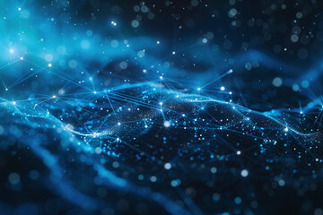 Abstract Technology Network of glowing blue mesh or interwoven lines on a dark background.