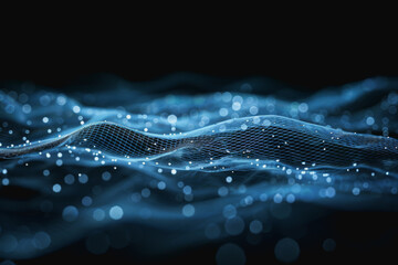 Abstract Technology Network of glowing blue mesh or interwoven lines on a dark background.