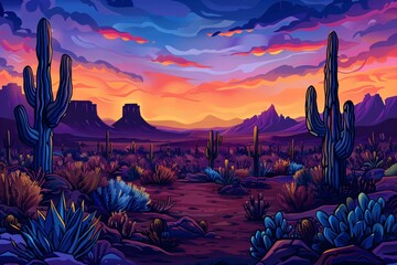 a desert landscape with cactuses and mountains - obrazy, fototapety, plakaty