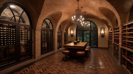 Fototapeta na wymiar Palatial French Chateau-inspired wine cellar with vaulted brick ceilings and custom iron racks and tasting area