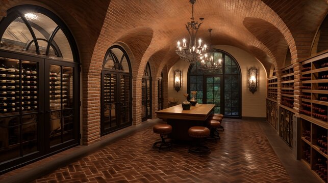 Palatial French Chateau-inspired wine cellar with vaulted brick ceilings and custom iron racks and tasting area